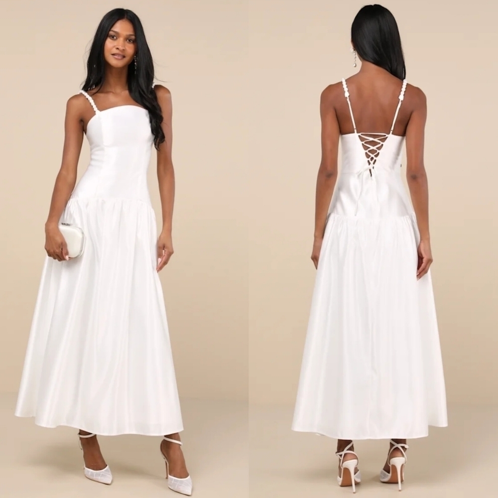Lulus Modern Adoration White Satin Backless Lace-Up Maxi Dress Wedding Party - Picture 1 of 10